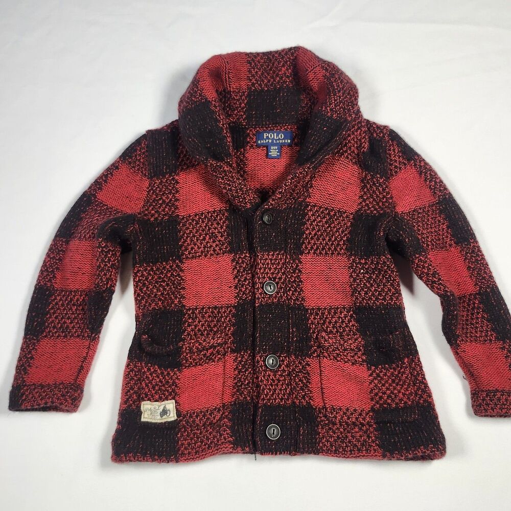 Polo Ralph Lauren Cardigan Sweater Jacket Sz 2T Buffalo Plaid Shawl Collar